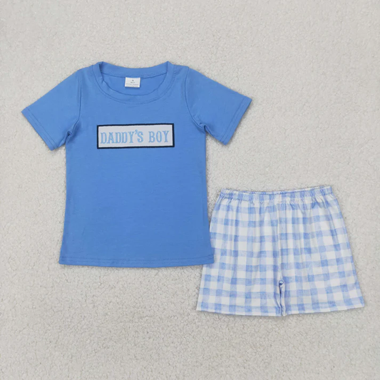 RTS NO MOQ Summer Sibling Baby Girls Boys Blue Embroidery DADDY'S BOY GIRL Top Plaid Shorts Sets