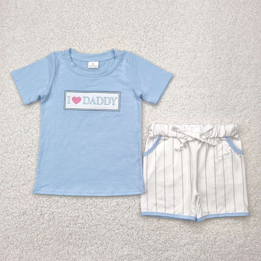 RTS NO MOQ Baby Boys kids Summer Sets BSSO1434 Embroidery I LOVE DADDY Top Stripe Pockets Shorts Sets