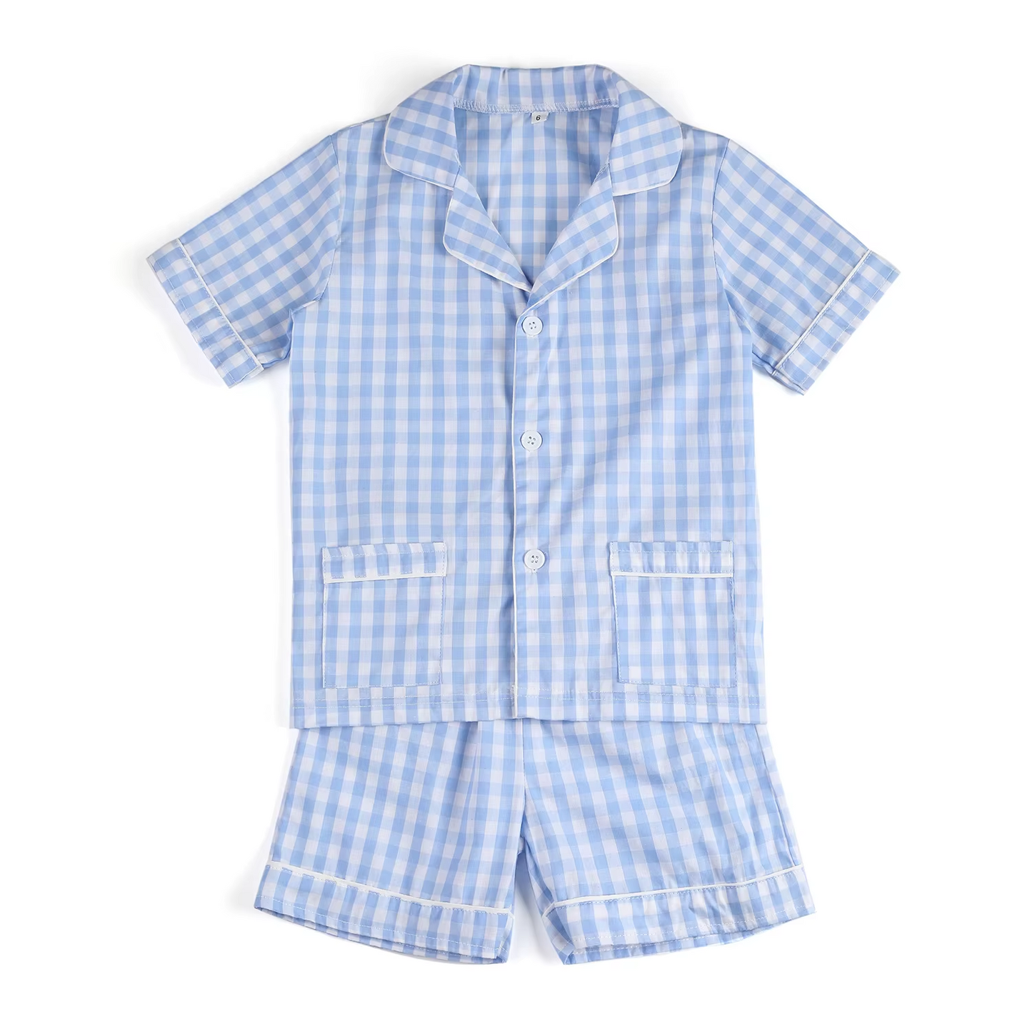 4.12 BSSO1446 Baby Boys Blue Plaid Short Sleeves Button Pocket Top Short Pajamas Set Pre order