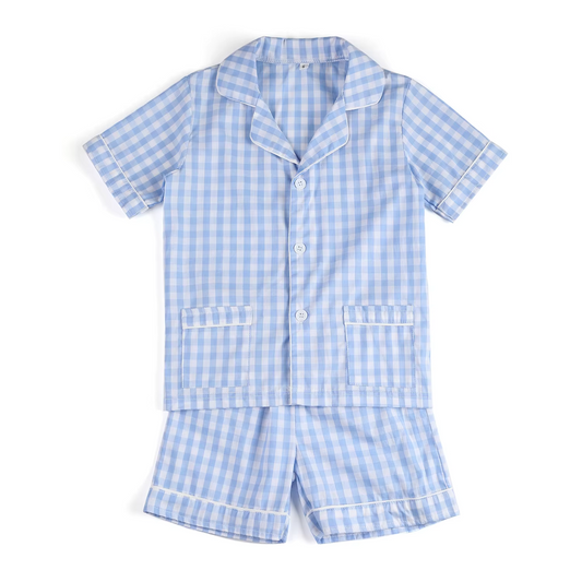 4.12 BSSO1446 Baby Boys Blue Plaid Short Sleeves Button Pocket Top Short Pajamas Set Pre order
