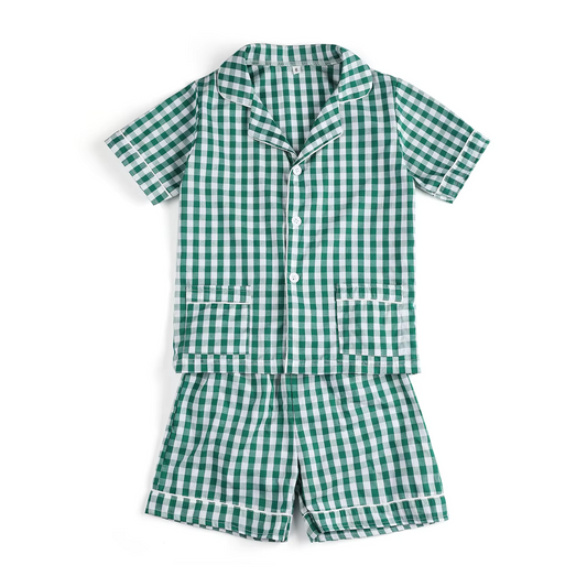 4.12 BSSO1447 Baby Boys Green Plaid Short Sleeves Button Pocket Top Short Pajamas Set Pre order