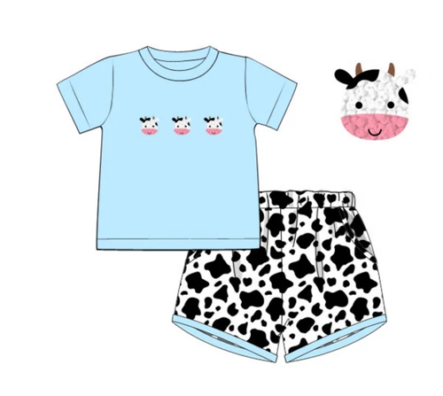 4.10 BSSO1451 Baby Boys Blue Short Sleeves Cows Top Cow Print Short Set Pre order