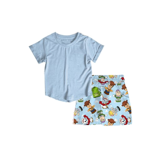 4.10 BSSO1452 Baby Boys Blue Short Sleeves Top Cartoon Dolls Pockets Short Set Pre order