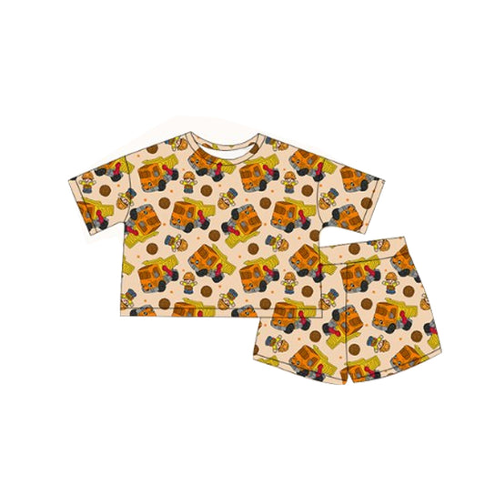 4.10 BSSO1453 Baby Boys Khaki Short Sleeves Cartoon Trucks Top Short Pajamas Set Pre order