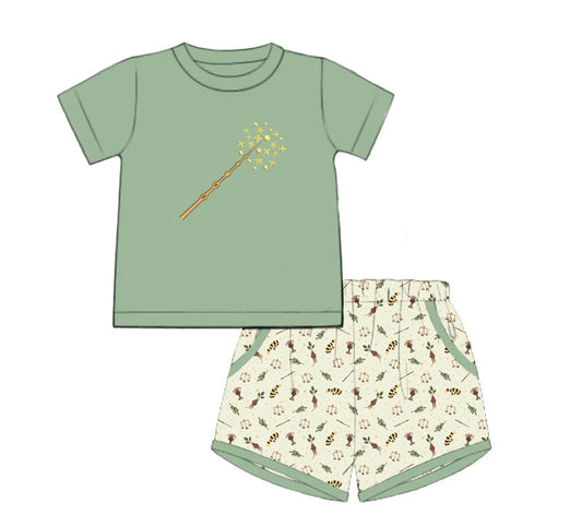 4.10 BSSO1455 Baby Boys Green Short Sleeves Magic Stick Top Pockets Short Set Pre order