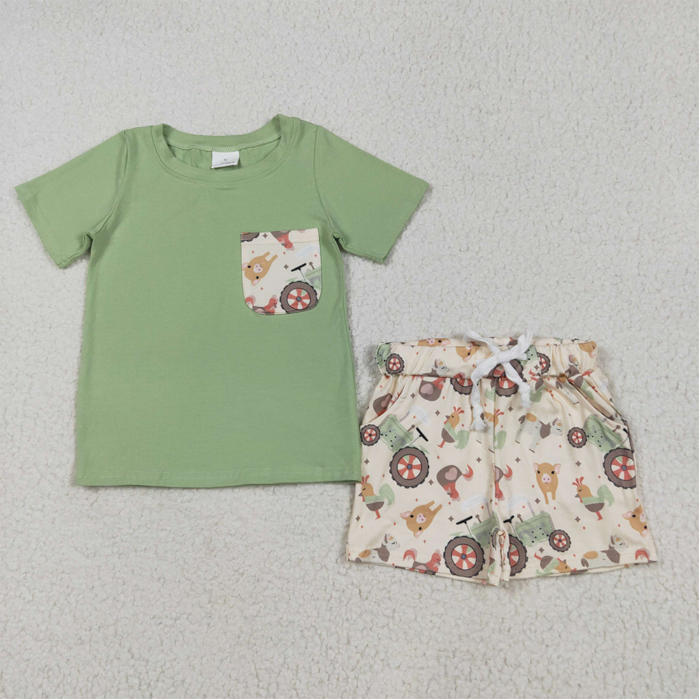 6.2 RTS NO MOQ Baby Boys kids Summer Sets BSSO1460 Pocket Top Chicks Pigs Short Farm Sets
