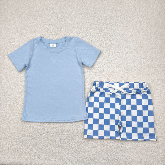 RTS NO MOQ Baby Boys kids Summer Sets BSSO1469 Blue Short Sleeve Top Plaid Shorts Sets