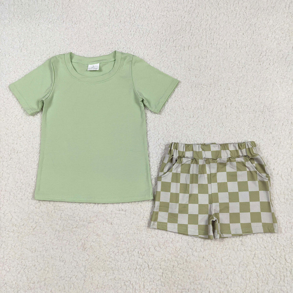 RTS NO MOQ Baby Boys kids Summer Sets BSSO1470 Green Short Sleeves Top Plaid Shorts Sets