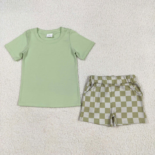 RTS NO MOQ Baby Boys kids Summer Sets BSSO1470 Green Short Sleeves Top Plaid Shorts Sets