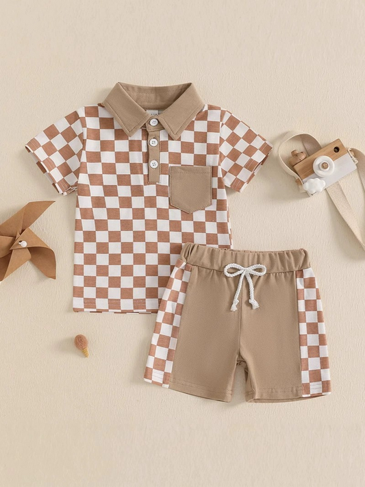 3.28 BSSO1471 Baby Boys Khaki Plaid Button Pocket Top Short Set Pre order