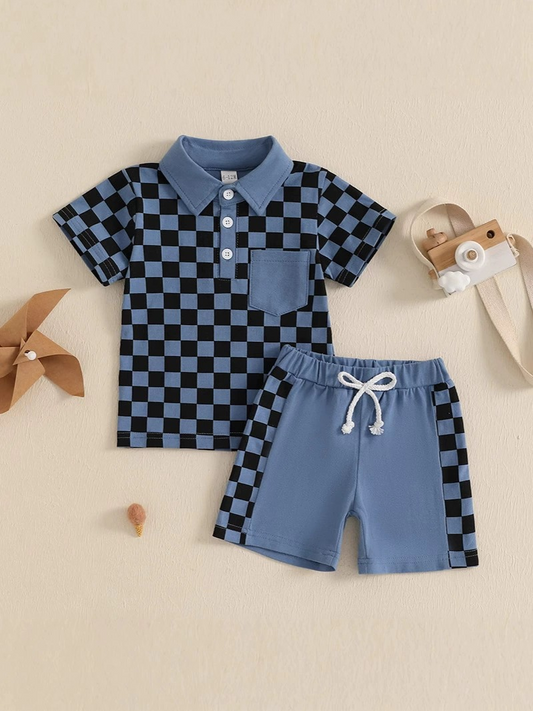 3.28 BSSO1472 Baby Boys Blue Plaid Button Pocket Top Short Set Pre order