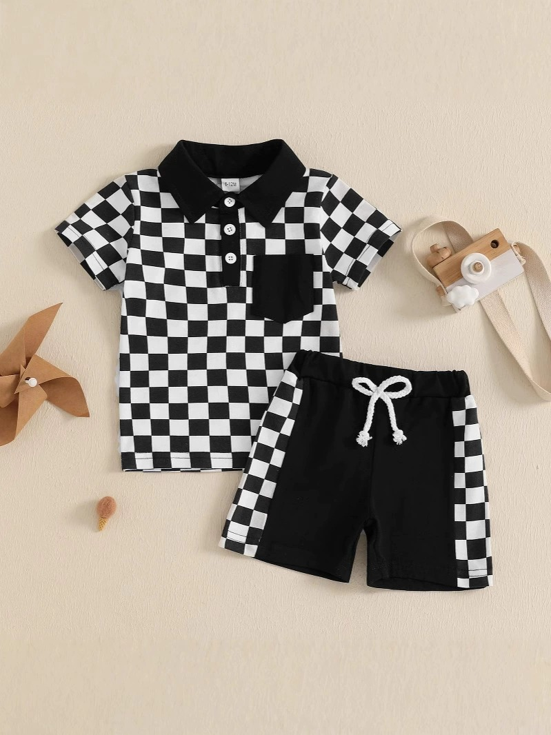 3.28 BSSO1473 Baby Boys Black Plaid Button Pocket Top Short Set Pre order