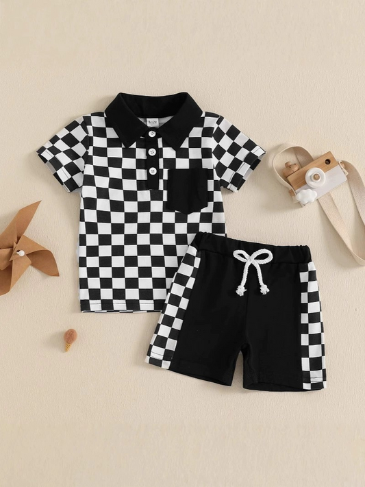 3.28 BSSO1473 Baby Boys Black Plaid Button Pocket Top Short Set Pre order
