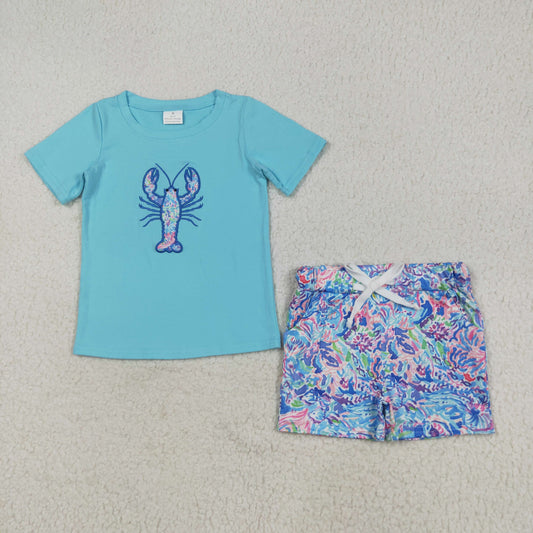7.29 RTS NO MOQ Baby Boys kids Summer Sets BSSO1479 Blue Crayfish Top Pockets Short Sets