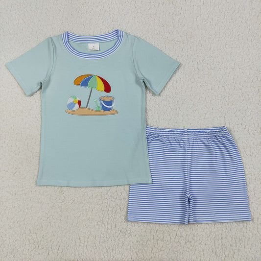 6.20 RTS NO MOQ Baby Boys kids Summer Sets BSSO1485 Short Sleeves Beach Top Blue Stripe Short Sets