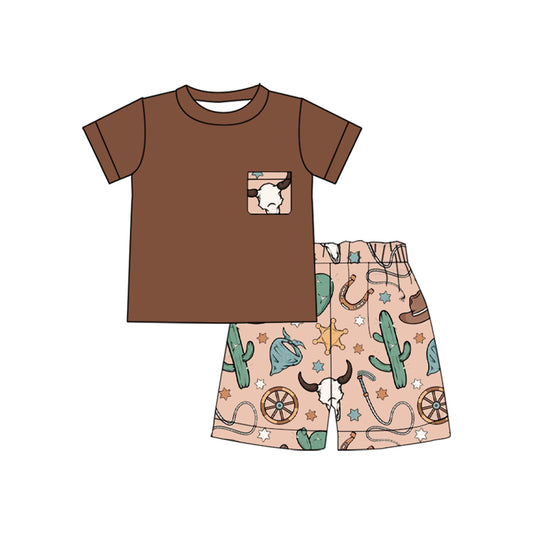 4.4 BSSO1487 Baby Boys Brown Short Sleeves Pocket Top Bull Skull Cactus Short Set Pre order