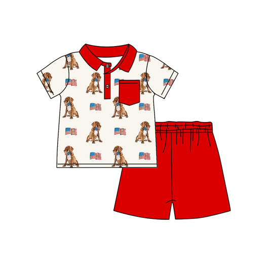 4.4 BSSO1488 Baby Boys Button Pocket Dogs Flags Top Red Short 4th Of July Set Pre order