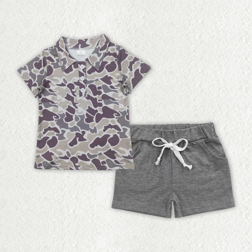 4.9 BSSO1490 Baby Boys Grey Camouflage Button Pullover Top Pockets Shorts Sets