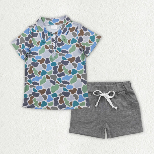 4.9 BSSO1491 Baby Boys Blue Camouflage Button Pullover Top Grey Pockets Shorts Sets