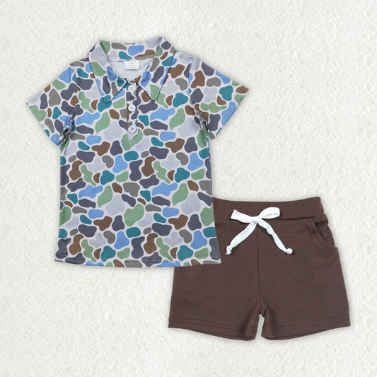 4.9 BSSO1492 Baby Boys Blue Camouflage Button Pullover Top Pockets Shorts Sets