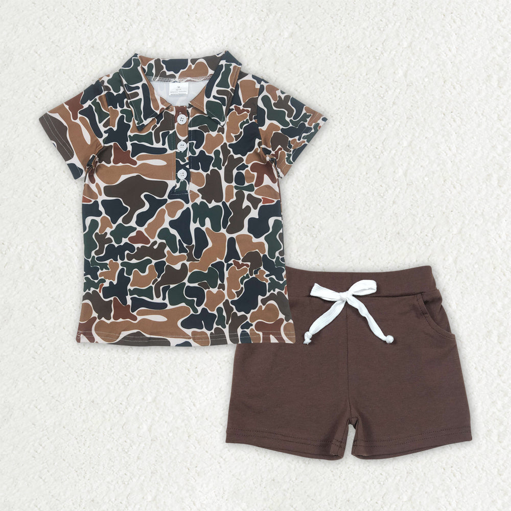 4.9 BSSO1493 Baby Boys Brown Camouflage Button Pullover Top Pockets Shorts Sets