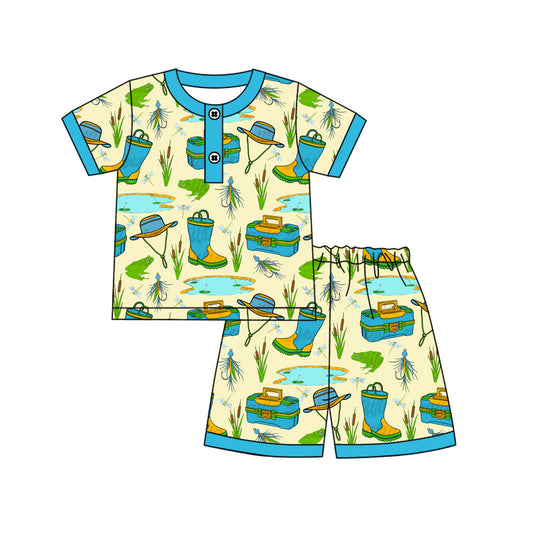4.8 BSSO1495 Baby Boys Blue Short Sleeves Button Fishing Top Short Pajamas Set Pre order