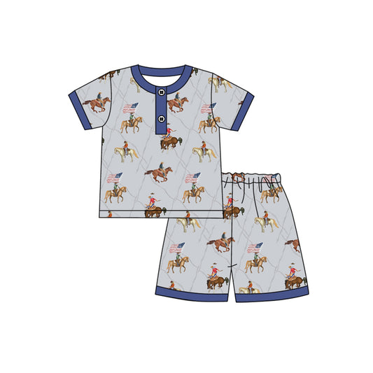 4.8 BSSO1497 Baby Boys Hot Blue Button Horse Rodeos Flags Top Short 4th Of July Pajamas Set Pre order