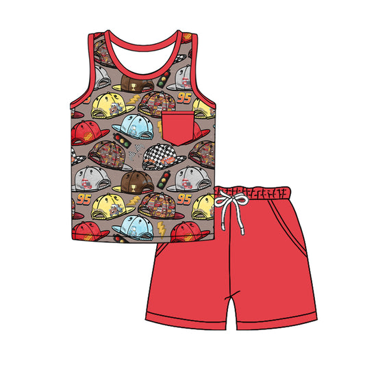 4.8 BSSO1499 Baby Boys Red Sleeveless Cartoon Hats Pocket Top Pockets Short Set Pre order