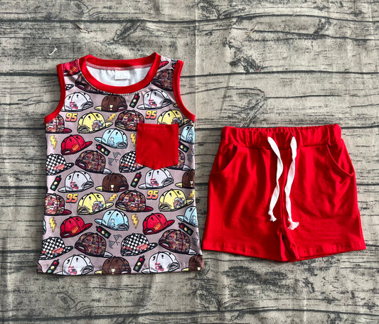 4.21 BSSO1499 Baby Boys Red Sleeveless Cartoon Hats Pocket Top Pockets Short Set Pre order