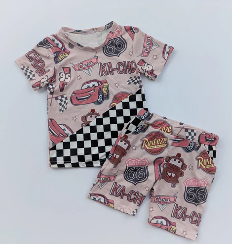 4.15 BSSO1507 Baby Boys Khaki Short Sleeves Cartoon Cars Top Pockets Short Set Pre order