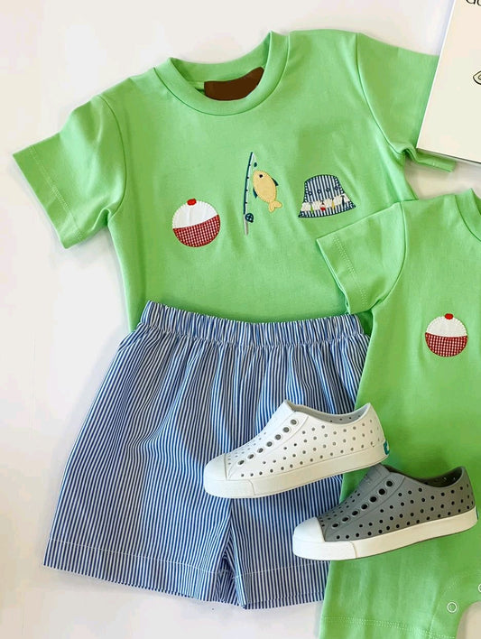 4.15 BSSO1508 Baby Boys Green Short Sleeves Fishing Top Blue Stripe Short Set Pre order