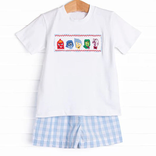 4.17 BSSO1516 Baby Boys Short Sleeves Cartoon Dolls Top Blue Plaid Short Set Pre order