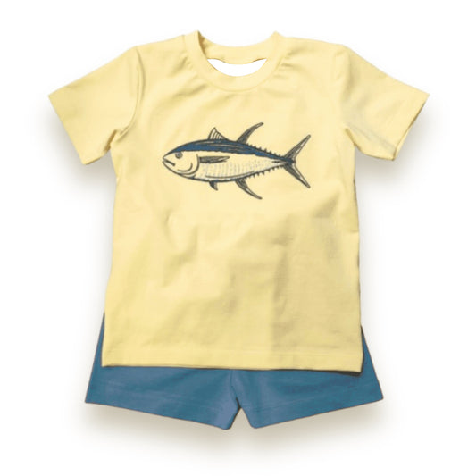 4.17 BSSO1517 Baby Boys Yellow Short Sleeves Sharks Top Blue Short Set Pre order
