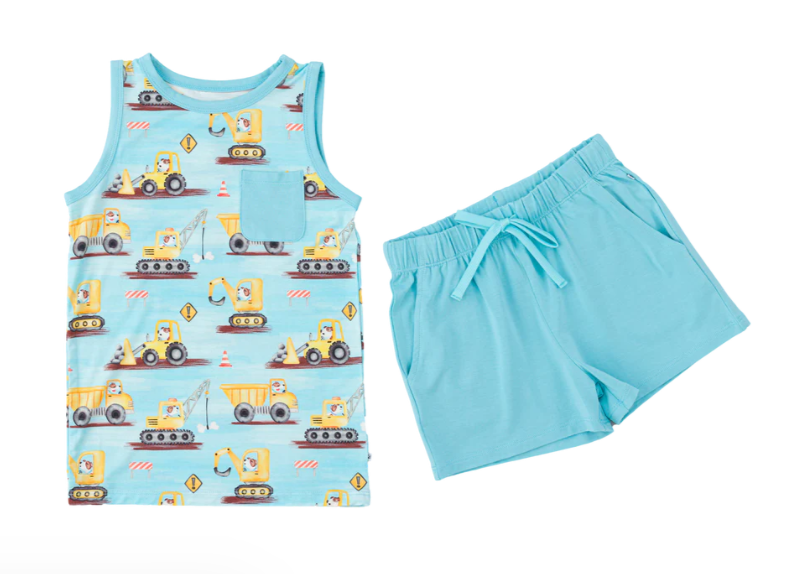 4.19 BSSO1519 Baby Boys Blue Sleeveless Excavators Pockets Top Pockets Short Set Pre order