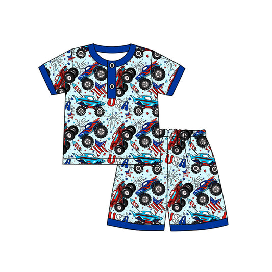4.24 BSSO1525 Baby Boys Blue Short Sleeves Button Firework Stars Top Short 4th Of July Pajamas Set Pre order