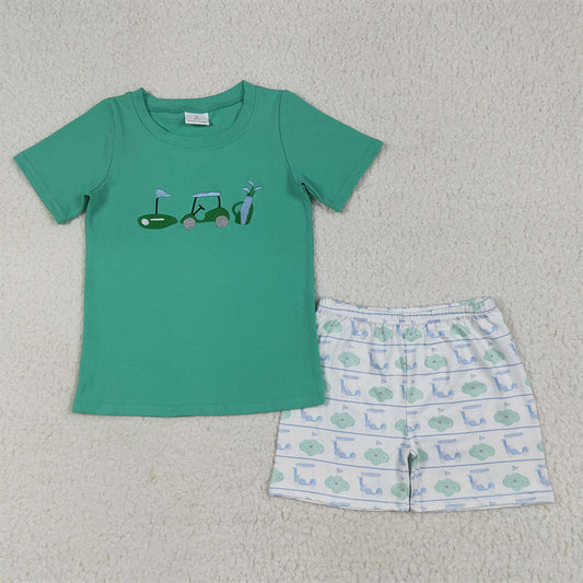 7.1 RTS NO MOQ Baby Boys kids Summer Sets BSSO1540 Green Short Sleeves Golf Truck Top Short Sets