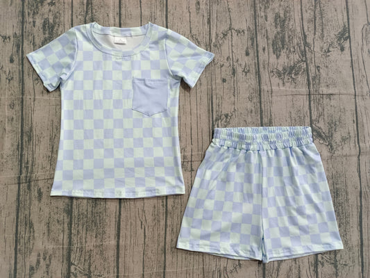 ( No moq ) Preorder Baby Boys Short Sleeves Blue Checked Pocket Shirt Shorts Clothes Set