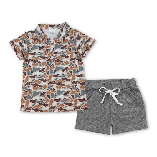 RTS Baby Boys Short Sleeves Camo Buttons Shirt Grey Pockets Shorts Hunting Clothes Set