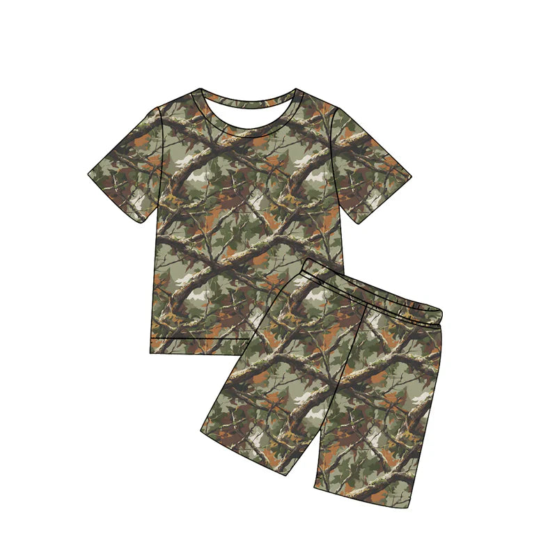 ( Moq 5 ) Preorder Baby Boys Kids Short Sleeves Shirt Shorts Leaves Green Camo Set Summer Clothes