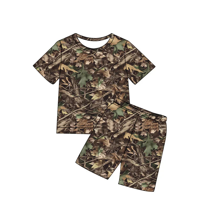 ( Moq 5 ) Preorder Baby Boys Kids Short Sleeves Shirt Shorts Leaves Camo Set Summer Clothes
