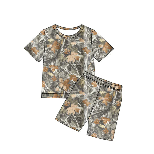 ( Moq 5 ) Preorder Baby Boys Kids Short Sleeves Leaves Camo Shirt Shorts Set Summer Clothes