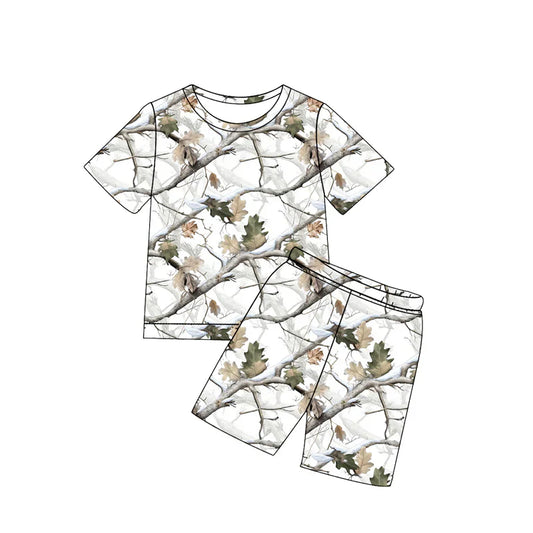 ( Moq 5 ) Preorder Baby Boys Kids Short Sleeves Leaves Camo Shirt Shorts White Set Summer Clothes
