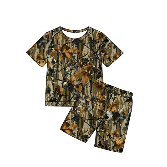 ( Moq 5 ) Preorder Baby Boys Kids Short Sleeves Leaves Camo Shirt Shorts Brown Set Summer Clothes