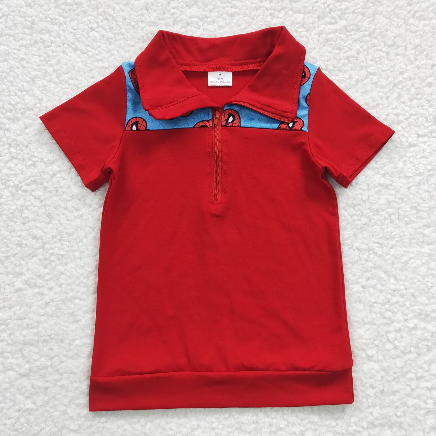 BT0158 Red Cartoon Boutique Cute Baby Boys Short Sleeves Fishing Zipper Pullovers Top