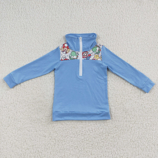 BT0265 Blue Cartoon Cute Baby Boys Long Sleeves Fishing Zipper Pullovers Top