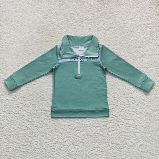 BT0335 Baby Boys Aqua Long Sleeves Fishing Zipper Pullovers Top