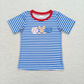RTS NO MOQ Summer Sibling Boys Baby Girls Blue Stripes Embroidery Baseball Short Sleeves Tee Shirts Top