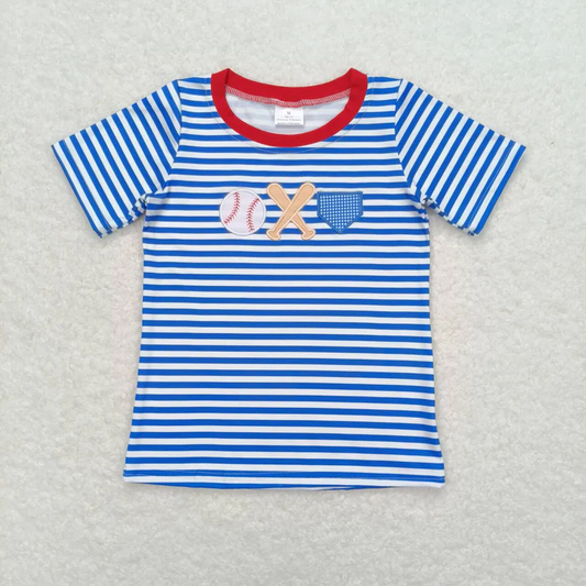 RTS NO MOQ Summer Sibling Boys Baby Girls Blue Stripes Embroidery Baseball Short Sleeves Tee Shirts Top