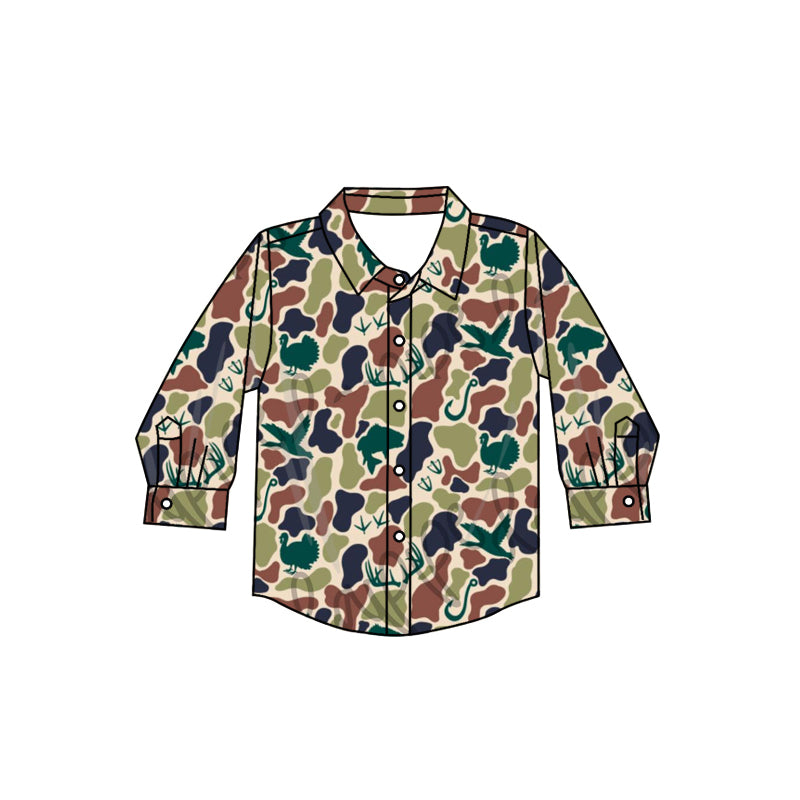 BT0763 Green Camo Cute Baby Kid  Hooded Pocket Long Sleeve Tops Shirts