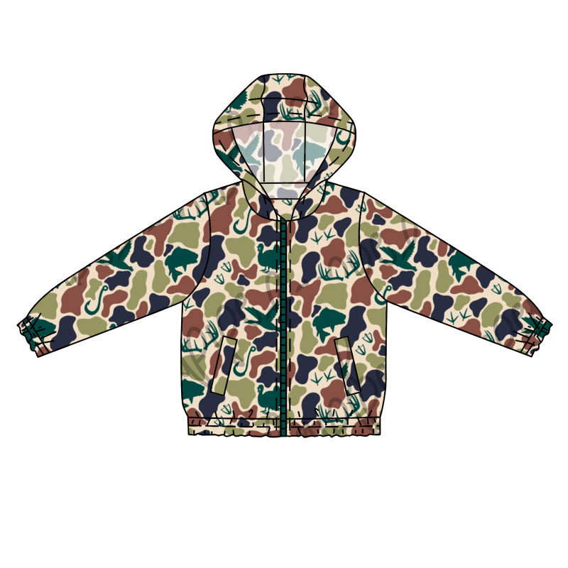 BT0763 Green Camo Design Cute Baby Kid  Hooded Pocket Long Sleeve Tops Shirts